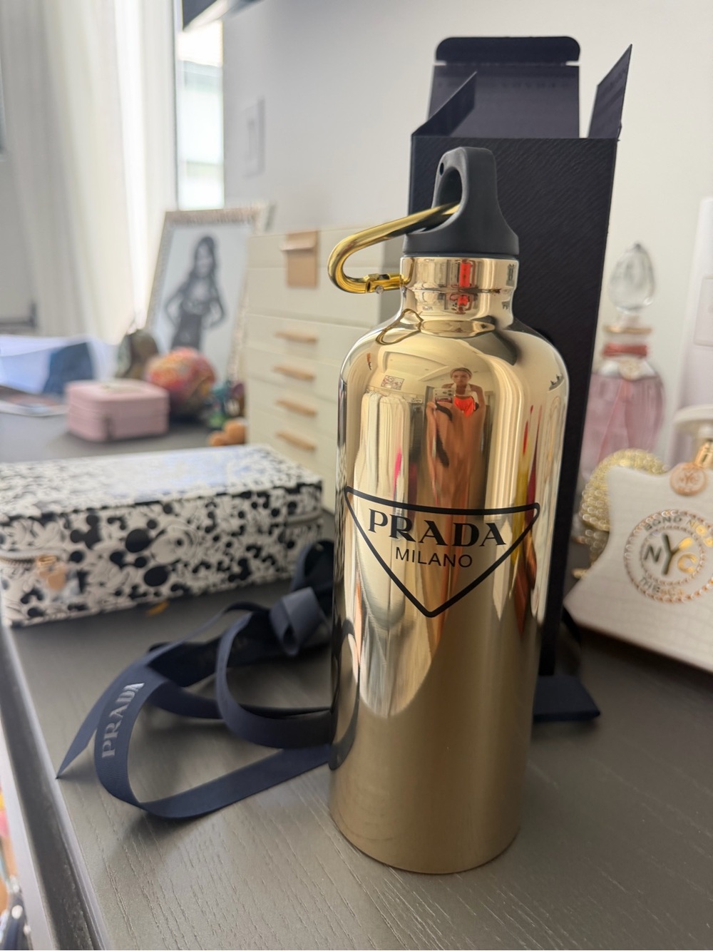Prada Gold Metallic Logo Water Bottle